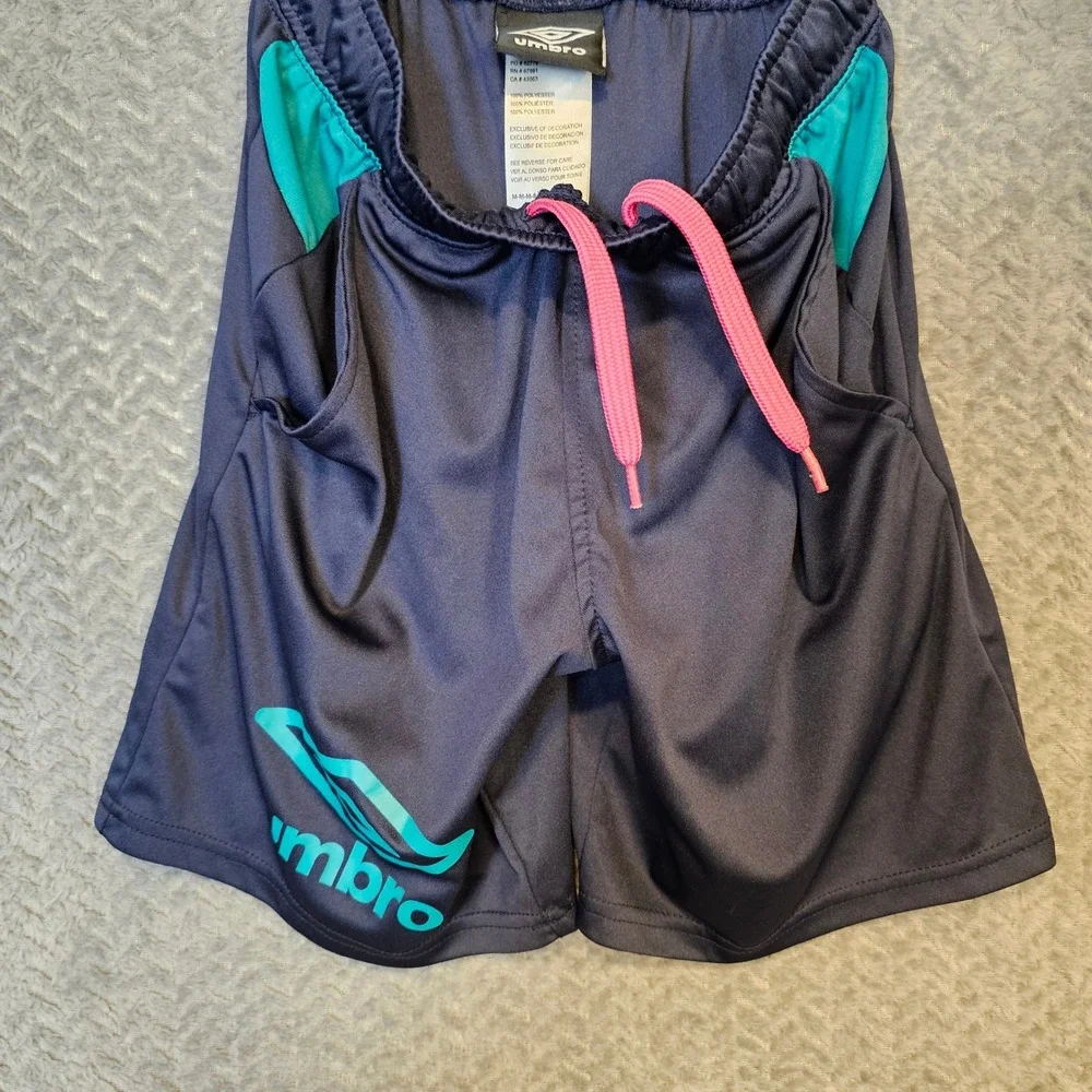 Vintage Umbro Kid Navy Blue Teal Athletic Soccer Shorts Size M 8 Pink Drawstring